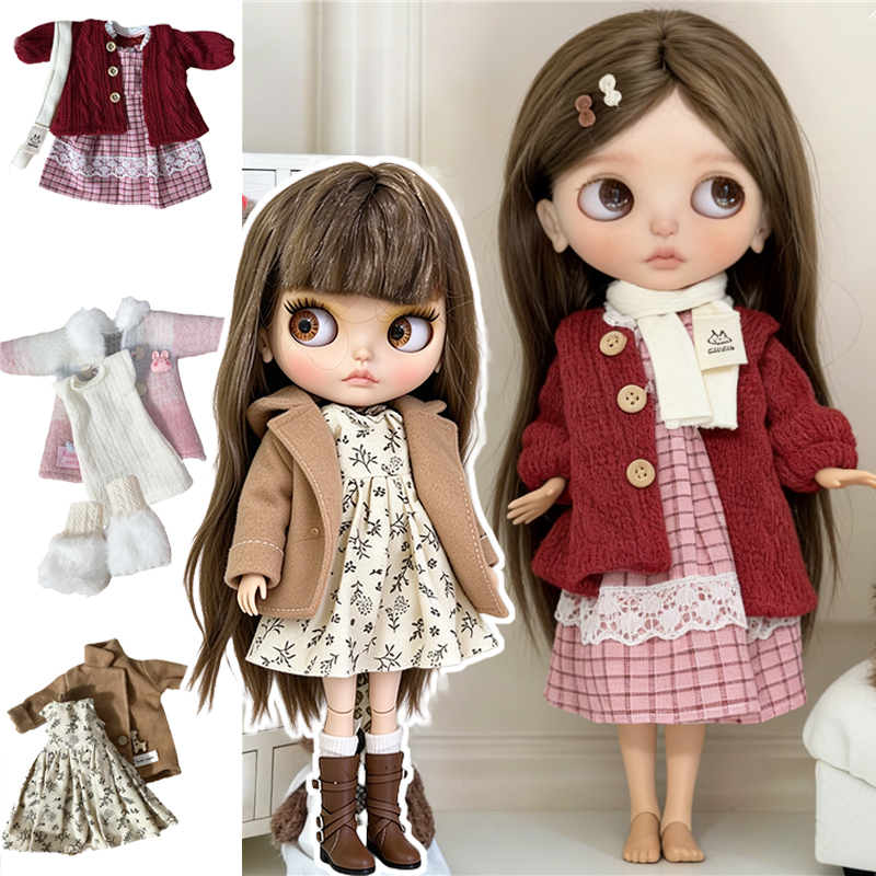 Baby Clothing Usa - สำหรับตุ๊กตา Blythe ชุดเสื้อโค้ทสีชมพูสำหรับฤดูหนาว กระโปรงน่ารัก ชุดเดรสเจ้าหญิงลูกไม้สไตล์เมด กางเกงลายแมว