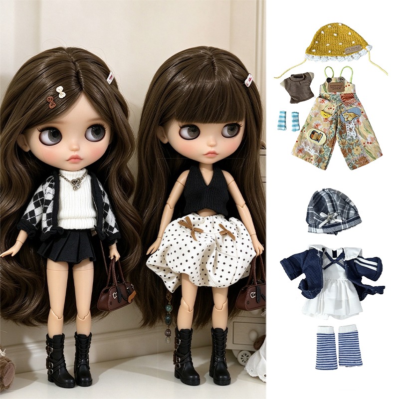 Baby Clothing Usa - ชุดเสื้อผ้าตุ๊กตา Blythe กระโปรงลายจุดวินเทจ เสื้อกั๊ก เสื้อโค้ทถักลายตาราง ชุดรองเท้า