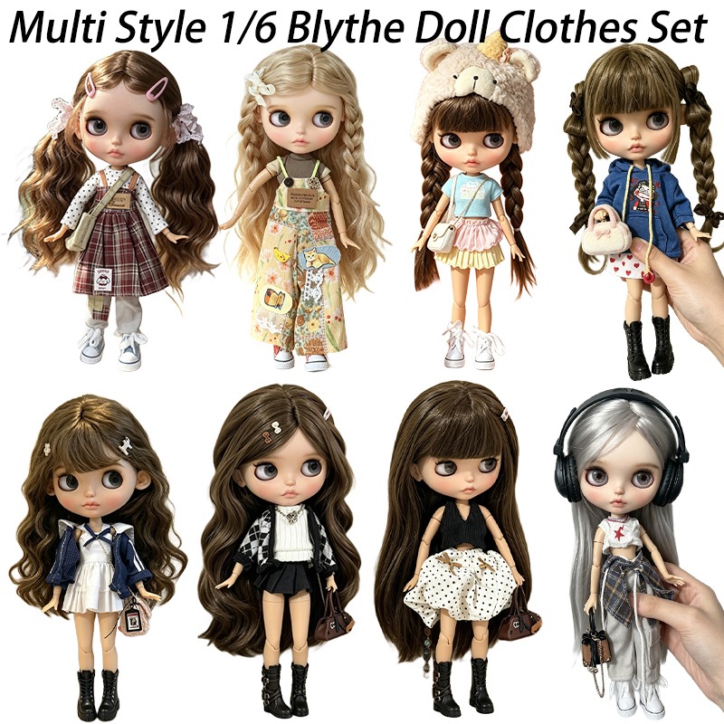 Baby Clothing Usa - ชุดเสื้อผ้าตุ๊กตา Blythe กระโปรงลายสก็อตสไตล์พรีปปี้ หมวกตุ๊กตาหมีน่ารัก ชุดเสื้อและกระเป๋า สำหรับตุ๊กตา